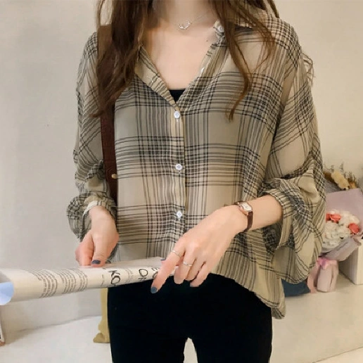 「チェック柄」シフォン 長袖 切り替え シンプル  カジュアル シャツ