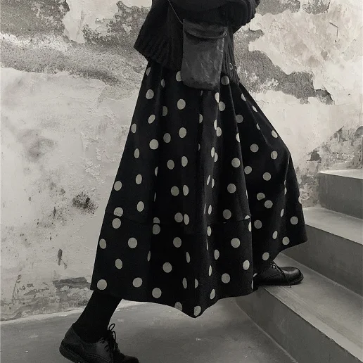 「ドット柄」ハイウエスト コーデュロイ 春秋 Aライン カジュアル スカート