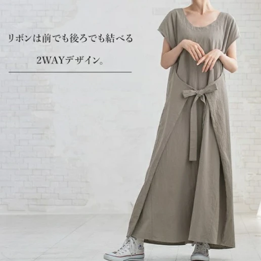 「ラウンドネック」ボウタイ シンプル Aライン 春夏 マキシワンピース