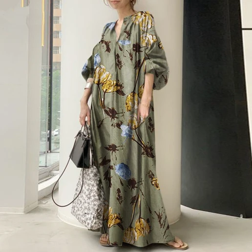 「花模様」ランタンスリーブ Vネック ストレートスカート 綿麻 大きめのサイズ感 マキシワンピース