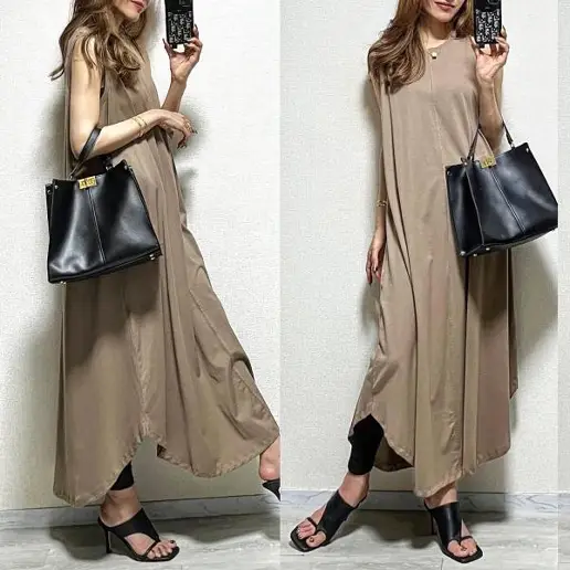 「ノースリーブ」ランダムティアード ストレートスカート キレカジ 体型をカバー ミモレ丈ワンピース