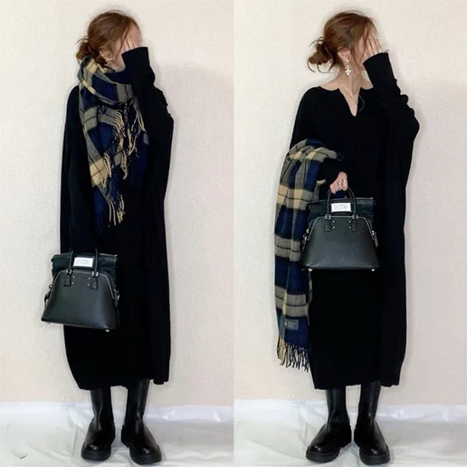 「Vネック」ドルマンスリーブ ロング 秋冬 長袖 マキシワンピース