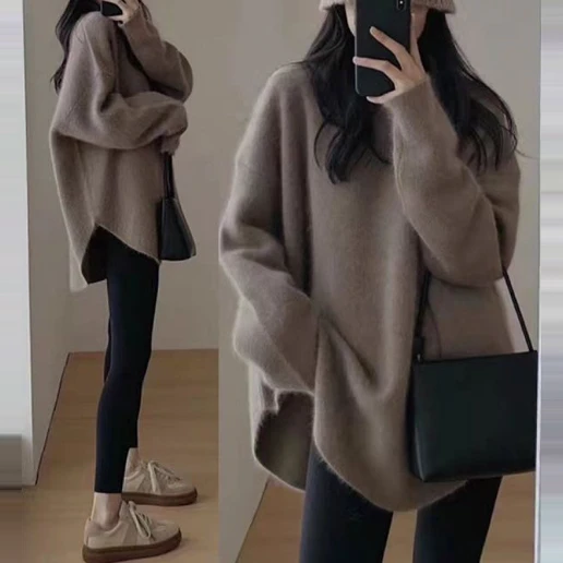 「多色系 」ラウンドネック カジュアル 伸縮性あり アンプルライン ニット・セーター