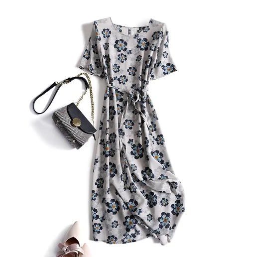 「プリント」 ラウンドネック ボウタイ Aライン すね丈 ミモレ丈ワンピース