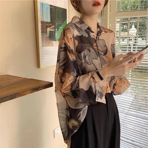 「総柄」型崩れしない シングルブレスト シフォン カジュアル シャツ