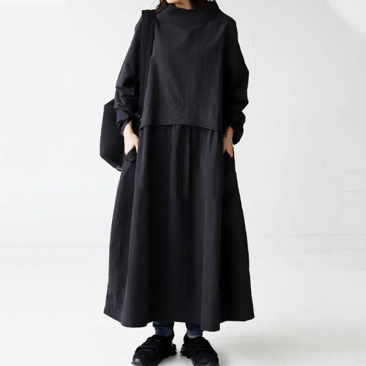 「ハーフネック」ロング 大人可愛いAライン 大きめのサイズ感 長袖 マキシワンピース