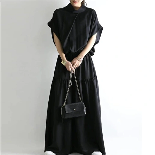 「スタンドネック」ギャザー バックデザイン ボタン 半袖 マキシワンピース