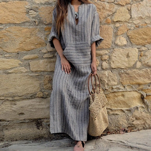 「ストライプ柄」コットン Vネック スリット 足首丈 ストレートスカート マキシワンピース