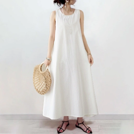 「綿麻」Aライン ギャザー ラウンドネック ロング 通気性良い マキシワンピース