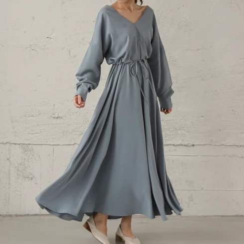 「Vネック」 ドローストリングデザイン ボウタイ 長袖 Aライン マキシワンピース