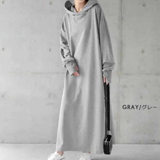 「プルオーバー」 フード付き ストレートスカート 長袖 ロング マキシワンピース
