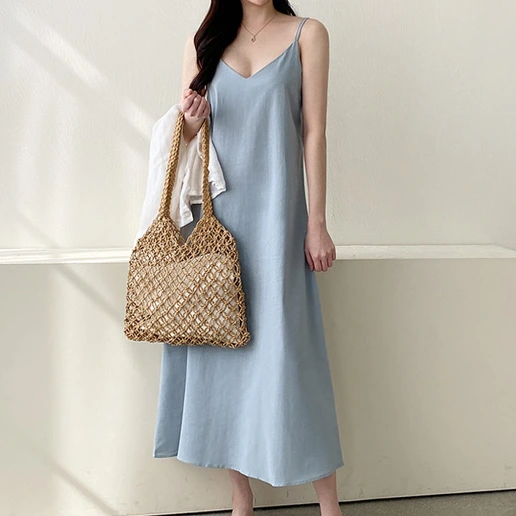 「4カラー展開」 プルオーバー ストレートスカート ロング 無地 キャミワンピース