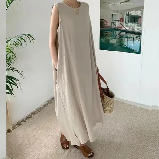 「プルオーバー」 ボタン ラウンドネック ポケット付き スリット マキシワンピース