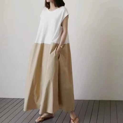 「ポケット付き」 配色 ラウンドネック 切り替え ノースリーブ マキシワンピース