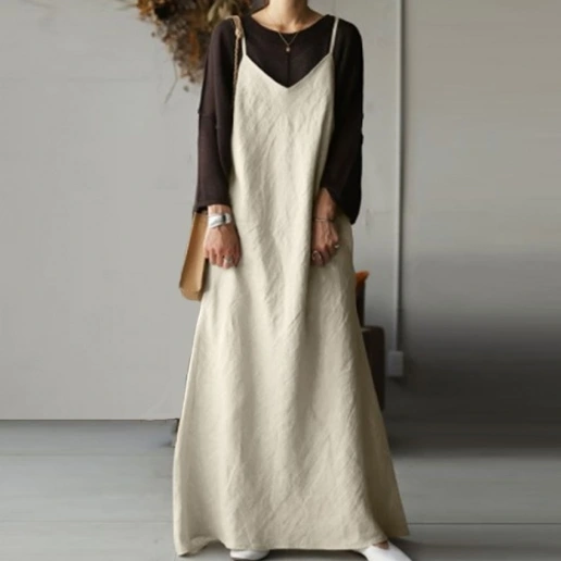 「切り替え」ビックシルエット Vネック 耐久性 Aライン 足首丈 ノースリーブ カジュアル シンプル 休日 キャミワンピース