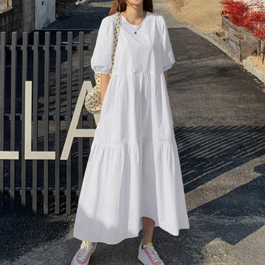 「Aライン」足首丈 五分袖 シンプル ハイウエスト ラウンドネック パフスリーブ プルオーバー 無地 ロングワンピース