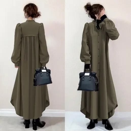 「ロング」シングルブレスト グリーン スタンドネック パフスリーブ ミモレ丈・マキシワンピース