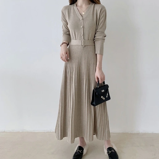「Vネック」ハイウエスト Aライン 無地 足首丈 長袖 秋冬 シンプル ベルト付き ニットワンピース
