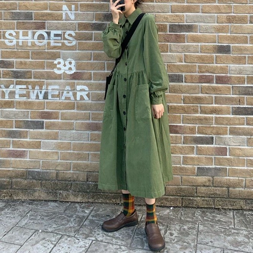 ランタンスリーブ すね丈 レトロ Aライン シングルブレスト POLOネックスリット シャツワンピース