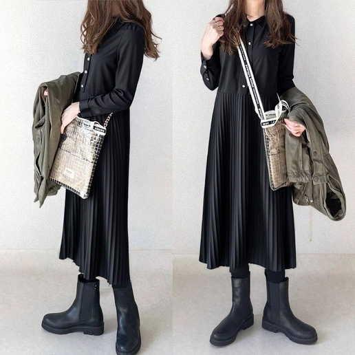 ボタン ギャザー 折り襟 カジュアルワンピース