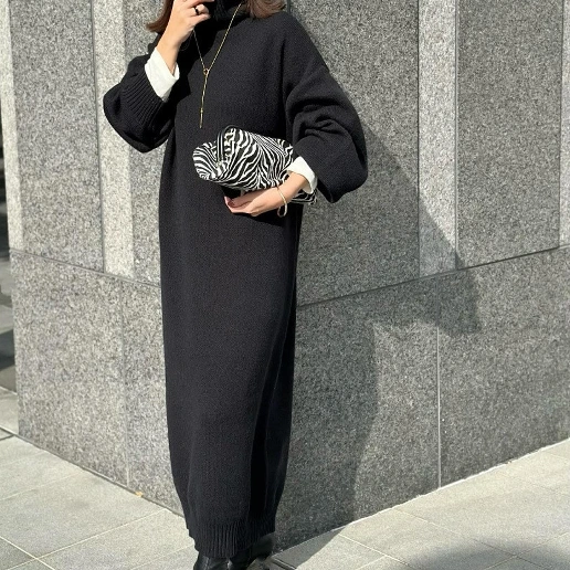 ハイネック ロング プルオーバー ストレートスカート シンプル 定番 ファッション ニットワンピース