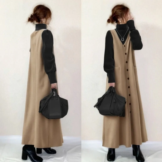 ギャザー Vネック ポケット付き ボタン Aライン シンプル ins超人気 カジュアルワンピース