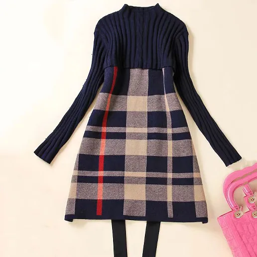 チェック柄 通勤/OL 伸縮性あり ハーフネック 中長 Aライン 自宅で洗える エレガント ニットワンピース