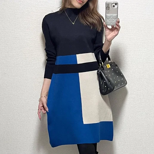 個性的なデザイン プルオーバー ハーフネック クローズドバック 膝下丈 Aライン 骨格ナチュラル レギュラーウエスト 切り替え ニットワンピース