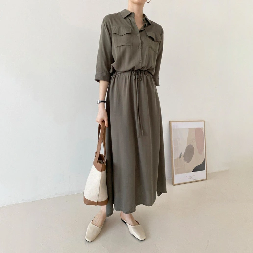 ビックシルエット 大きめのサイズ感 着痩せ効果 ボウタイ シンプル 柔軟加工 ロング 折り襟 ボタン ハイウエスト シャツワンピース