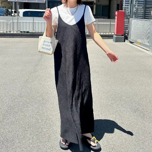 切り替え ノースリーブ ストレート シンプル 無地 Vネック ロング コーディネート自在 キャミワンピース