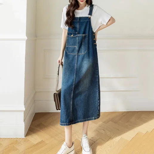 Aライン デニム 女子会 ポケット付き 切り替え シンプル ファッション キャミワンピース