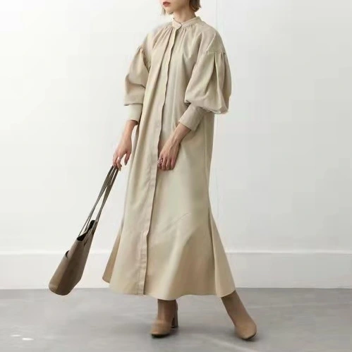 スウィート ギャザー レトロ Aライン ラウンドネック マーメイド切替 ロング 無地 ボタン シャツワンピース