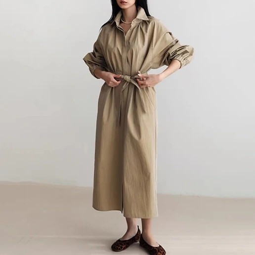 今季マストバイ ロング 切り替え 無地 折り襟 ベルト付き 長袖 シンプル フェミニン エレガント ナチュラル デザインスリーブ シャツワンピース