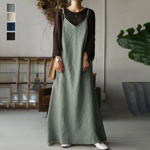 ノースリーブ Aライン ロング Vネック ビックシルエット コーディネート自在 キャミワンピース