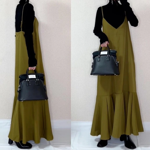 マーメイド切替 ロング 無地 ノースリーブ 着痩せ効果 キャミワンピース