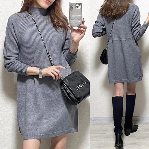 コーディネート自在 長袖 伸縮性あり きれいIライン ニット ハーフネック 無地 ニットワンピース