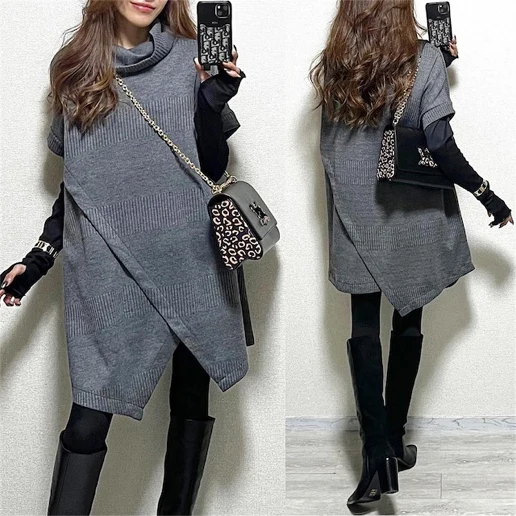 好感度UP 脚長効果 着痩せ効果 ファッション 自宅で洗える スリット ランダムティアード シンプル ニットワンピース