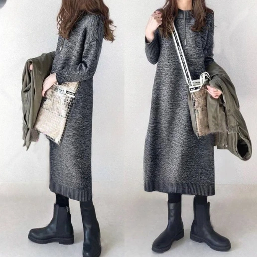 コーディネート自在 Aライン エレガント ナチュラル 伸縮性あり ジッパー 長袖 大きめのサイズ感 キレカジ 定番 ニットワンピース