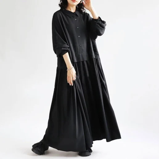 体型をカバー ファッション ロング ギャザー 週末 切り替え オフィス プルオーバー レイヤード / 重ね着風 無地 シャツワンピース