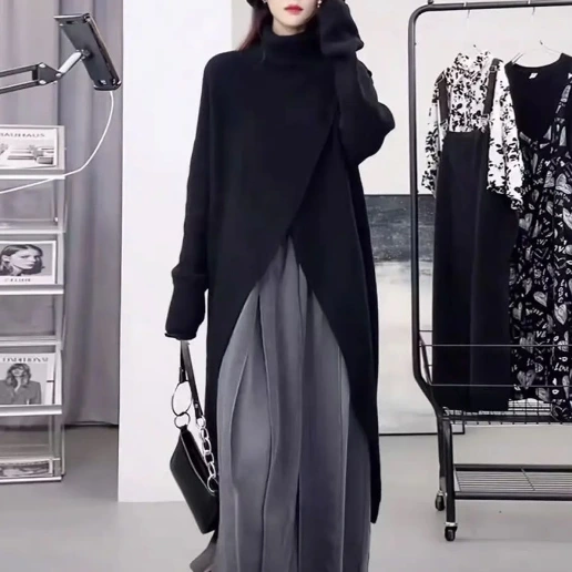 不規則 シンプル すね丈 ナチュラル コーディネート自在 キレカジ ハイウエスト 着痩せ効果 大きめのサイズ感 ハイネック ニットワンピース