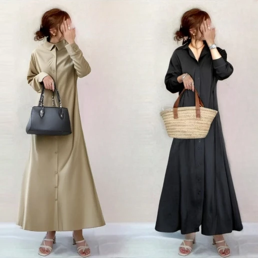 今季大注目 ボタン 着痩せ効果 長袖 ロング シンプル カジュアルワンピース