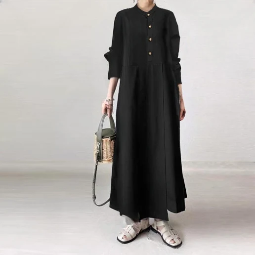 今季トレンド Aライン ギャザー 切り替え 長袖 無地 ナチュラル ワンピース