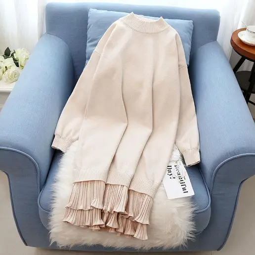 新作登場 ストレート 長袖 切り替え 無地 ラウンドネック ファッション ニットワンピース