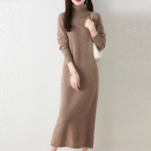 好印象MAX♡ レギュラーウエスト ストレート ハイネック 無地 長袖 シンプル ニットワンピース