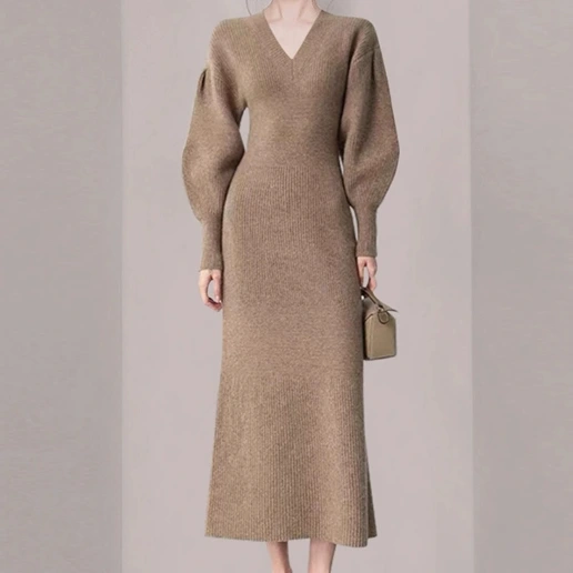 新品殺到中 Vネック 長袖 Aライン 無地 パフスリーブ シンプル ニットワンピース