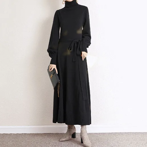 女性に大人気 ランタンスリーブ ボウタイ 長袖 Aライン 無地 フェミニン ニットワンピース