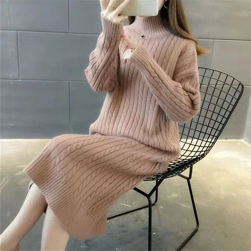 大流行新作 ハイネック 無地 長袖 ストレート 着痩せ効果 ファッション ニットワンピース