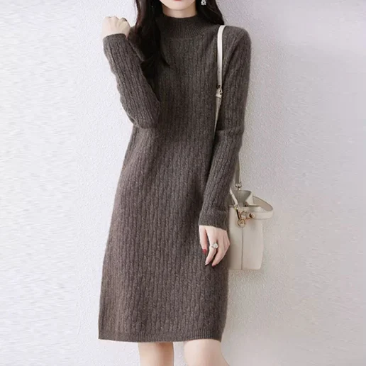 トレンドを先取り♪ プルオーバー 長袖 ハーフネック ニット 無地 エレガント ニットワンピース