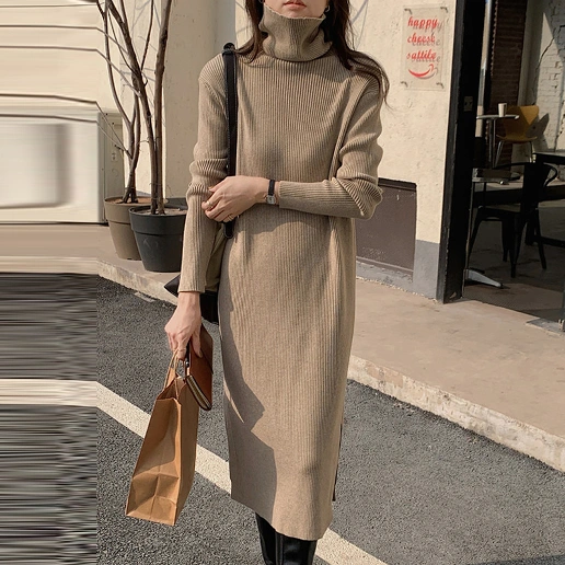「奇跡の再販」 長袖 スリット 無地 ハイネック ストレート エレガント ニットワンピース