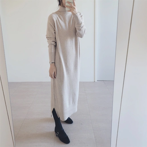 大人気 長袖 無地 ハイネック スリム ファッション カジュアルワンピース